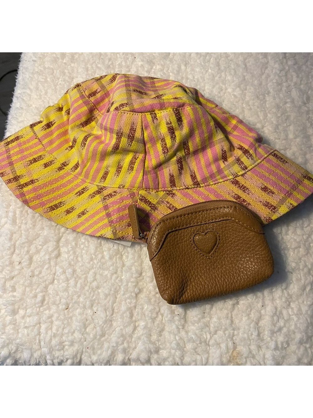 Yellow and Pink Striped Hat with Brighton  Brown Pouch